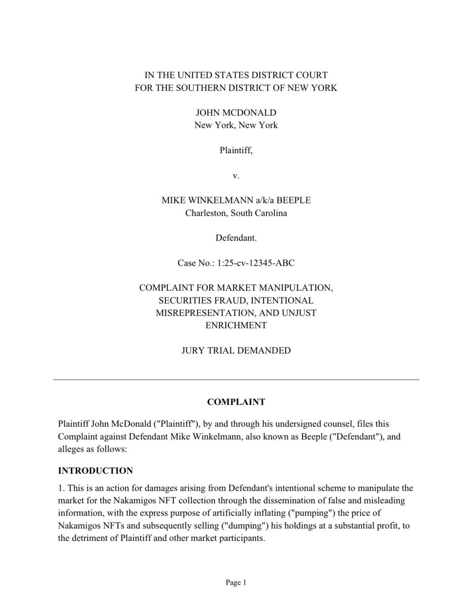 BREAKING: LAWSUIT FILED AGAINST BEEPLE  FOR MARKET MANIPULATION AND SECURITIES FRAUD FILED AFTER HE KNOWINGLY SPREAD MISINFORMATION TO PUMP AND DUMP NAKAMIGOS AT HIS EVENT LAST NIGHT IN CHARLESTON, SOUTH CAROLINA.