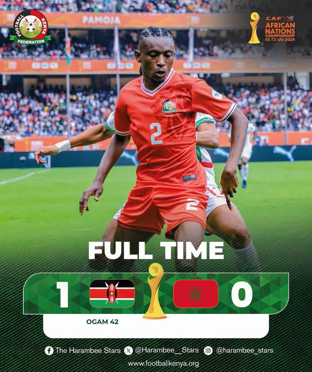 The resilient 10 men Harambee Stars have done it again. 

What a sweet 1-0 victory against reigning champions Atlas Lions of Morocco...it is coming home. 

Congratulations boys!!!