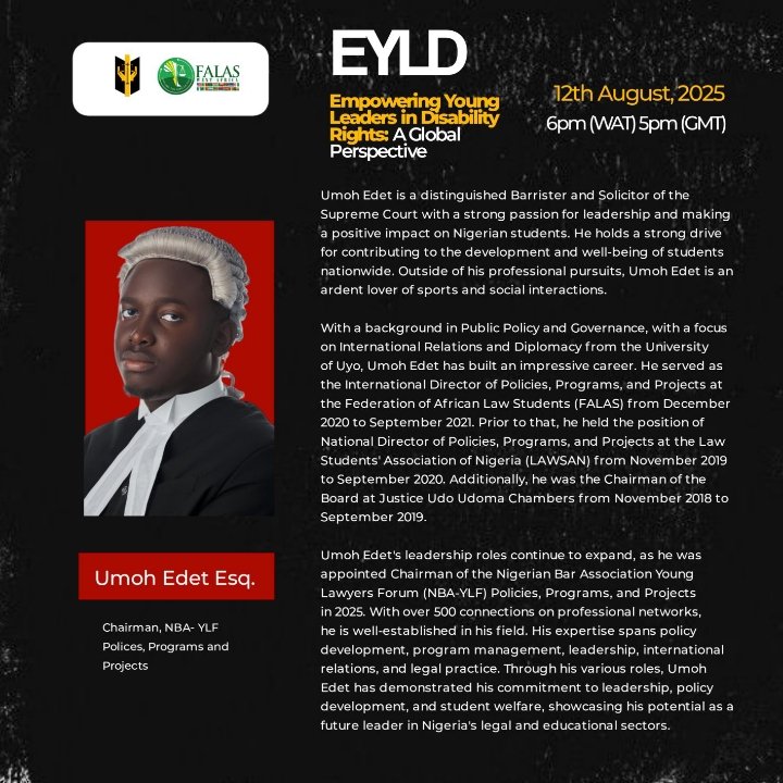 FALASWADIR's tweet photo. INTRODUCING UMOH EDET ESQ.

We're thrilled to unveil Umoh Edet as one of our esteemed panelists for the Empowering Young Leaders in Disability Rights Webinar! Umoh Edet is a distinguished Barrister and Solicitor of the Supreme Court with a proven track record of leadership. https://t.co/JE6FB4Uw3I