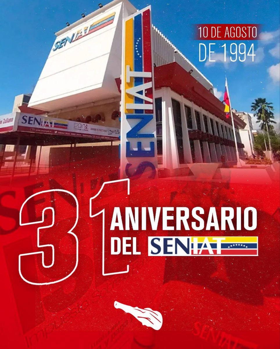 🎉 Felicitaciones al SENIAT en su aniversario, nacido un 10 de agosto de 1994 🇻🇪.

Con la llegada de la Revolución Bolivariana, lo recaudado impulsa la seguridad 🛡️, defensa, educación 📚, cultura 🎭 y bienestar social de Venezuela.

A pesar de la guerra económica ⚠️, el