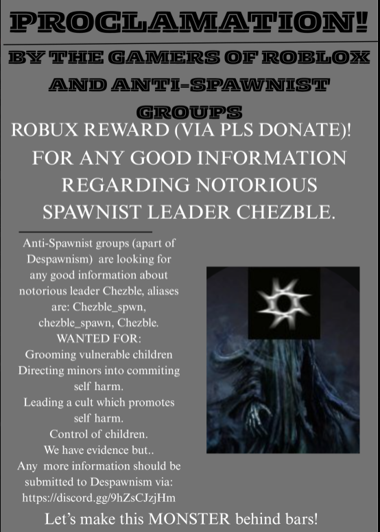 YOG_RBLX's tweet photo. to all robloxians fighting against spawnism..
SPREAD THIS POSTER AROUND!
#spawnism  #antispawnism #deathtospawnism
#fuckchezble #ROBLOX https://t.co/JstNxrnxGR