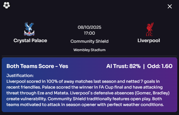 getsmartips's tweet photo. 🇬🇧 We’re back enjoying England’s beautiful football!

🔴 Liverpool already leading 2-1 in the 34’ of the Community Shield 🏆

✅ All our pre-match predictions looking 🔥 so far!

📲 Join Get Smart Tips and know exactly what to expect from matches before they kick off.

#SoccerTips #CommunityShield #Liverpool #CrystalPalace #FootballPicks #BettingTips #BettingPicks