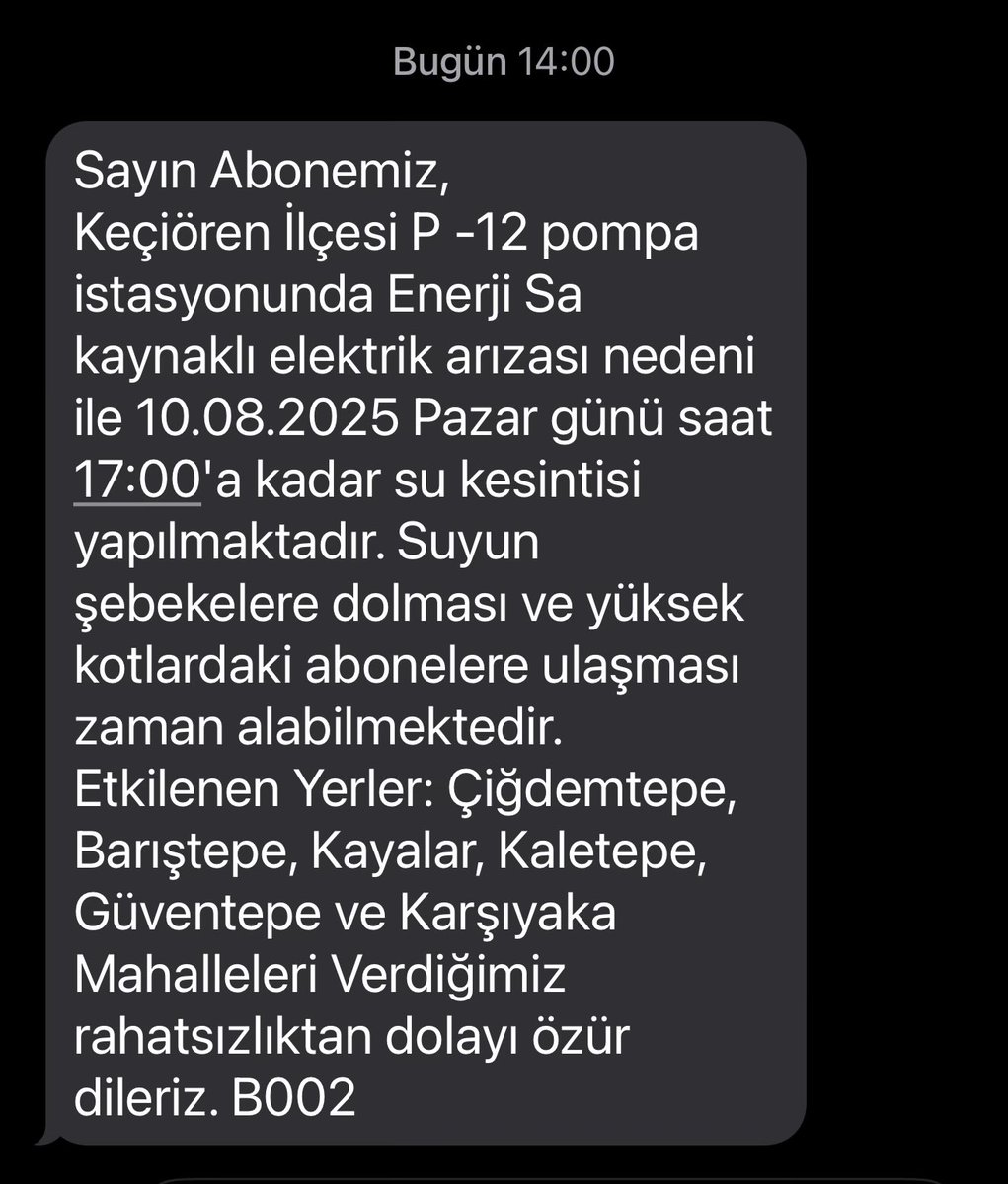 Yıl olmuş 2025 hala ayda 3-4 gün sular kesiliyor. Enerji arızasından haberiniz varken neden Jeneratör takviyesi yapmazsınız da 6 koca mahalleyi susuz bırakıyorsunuz, hem de pazar pazar. 
<a href="/askiankara/">ASKİ Genel Müdürlüğü</a> 
<a href="/ankara_kusu/">ANKARA KUŞU</a> 
<a href="/ankarabbld/">Ankara Büyükşehir</a> 
<a href="/tc_cimer/">Cimer</a>