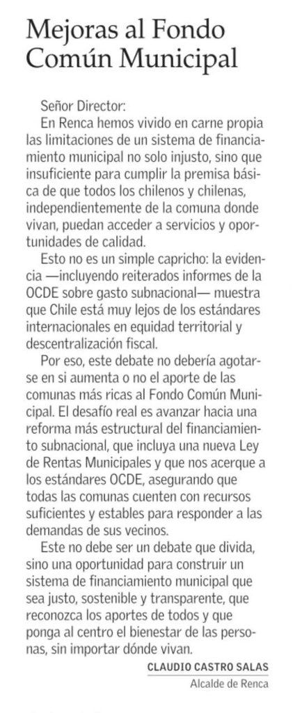 No basta con subir el aporte de las comunas con más recursos al Fondo Común Municipal: Chile necesita abrir el debate sobre un financiamiento que garantice servicios públicos de calidad en todas las comunas, sin importar el lugar donde se viva.

✍🏻 Mi Carta al Director publicada