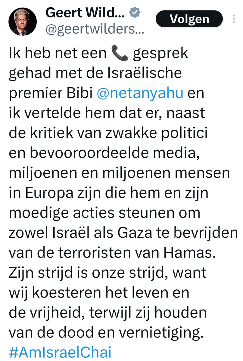 Gore Geert belt via de rode lijn met Netanyahu en complimenteert hem met zijn strijd in Gaza en op de Westelijke Jordaanoever.
'Zijn strijd is onze strijd' roept Gore Geert. 
Zijn er ècht nog mensen die op die man en zijn verderfelijke club willen stemmen?