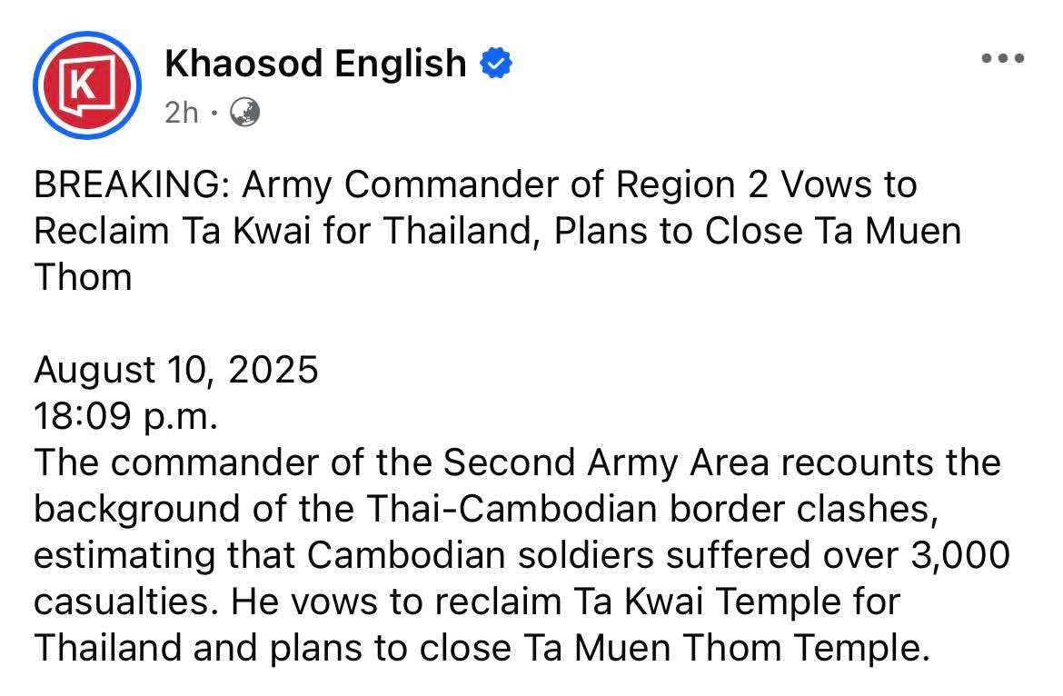 UnmaskConflict's tweet photo. 🚨 Thai army vows to retake Ta Krabei &amp; shut Ta Moan Thom, boasting of 3,000 Cambodian deaths in past clashes. This threat risks breaking the ceasefire, sparking new conflict, and endangering regional peace. https://t.co/jpBwTvwRFL