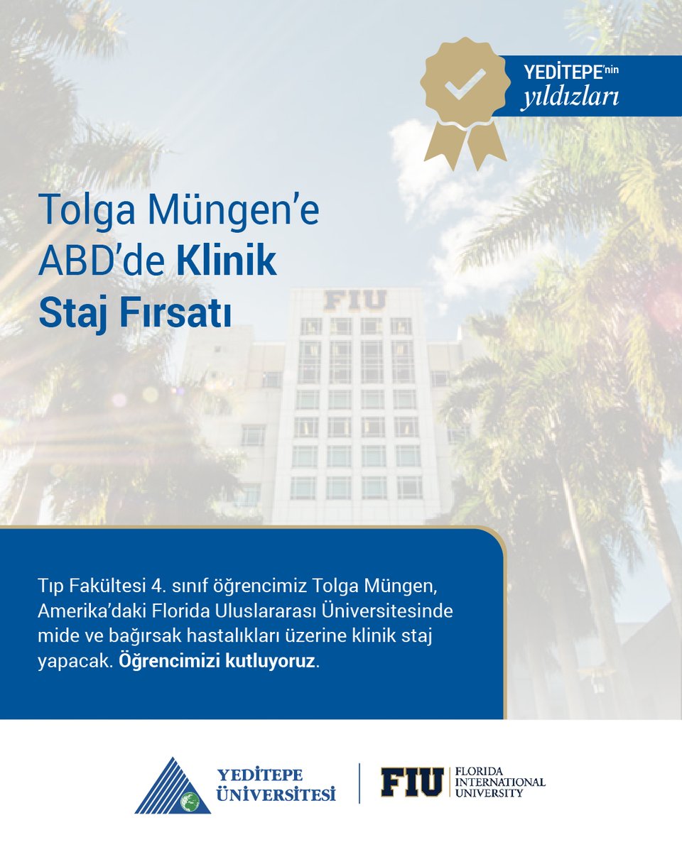 Tolga Müngen’e ABD’de Klinik Staj Fırsatı!

Tıp Fakültesi 4. sınıf öğrencimiz Tolga Müngen, Amerika’daki Florida Uluslararası Üniversitesinde mide ve bağırsak hastalıkları üzerine klinik staj yapacak.

Tedavi süreçlerini yerinde gözlemleyip uygulamalı deneyim kazanacak olan