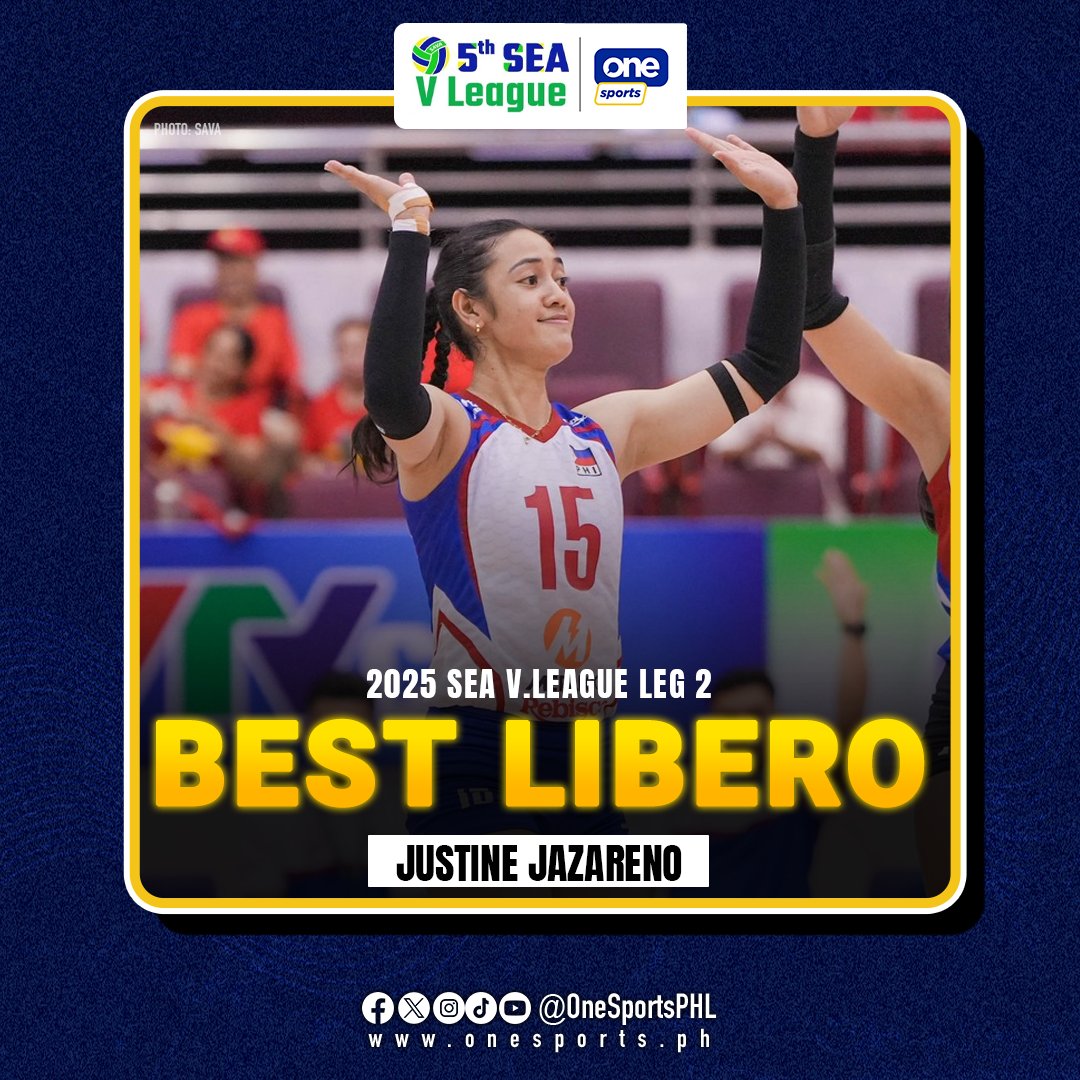 OneSportsPHL's tweet image. IT'S JUSTINE'S TIME 🏐🤩

Justine Jazareno sweeps the floor with grit and determination, earning her the Best Libero award in Leg 2 of the 5th Women's SEA V.League!

#AlasPilipinas #SEAVLeague