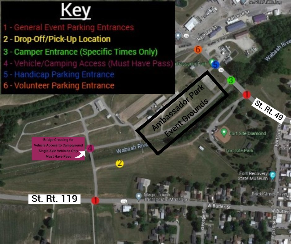 RaffleWow's tweet photo. WoW! Plan accordingly for coming to the Win on the Wabash. The GPS address for Ambassador Park is 2205 OH-49, Fort Recovery, OH 45846.
Carpooling is encouraged, and there is a designated area for drop-off and pick-up, including buses.
General event parking can enter off of St. Rt. 119 or St. Rt. 49.
Vehicles for drop-off/pick-up must enter off of St. Rt. 119 (there is no staging area, only arrive once your group is ready).
Campers must enter off of St. Rt. 49 during designated time slots (see https://t.co/TwoLhHsjnC for exact times).
Single-axle vehicles entering the camping area should enter off of St. Rt. 119 and must have their included pass to cross the bridge.
Handicap and Volunteer parking can enter off of St. Rt. 49.