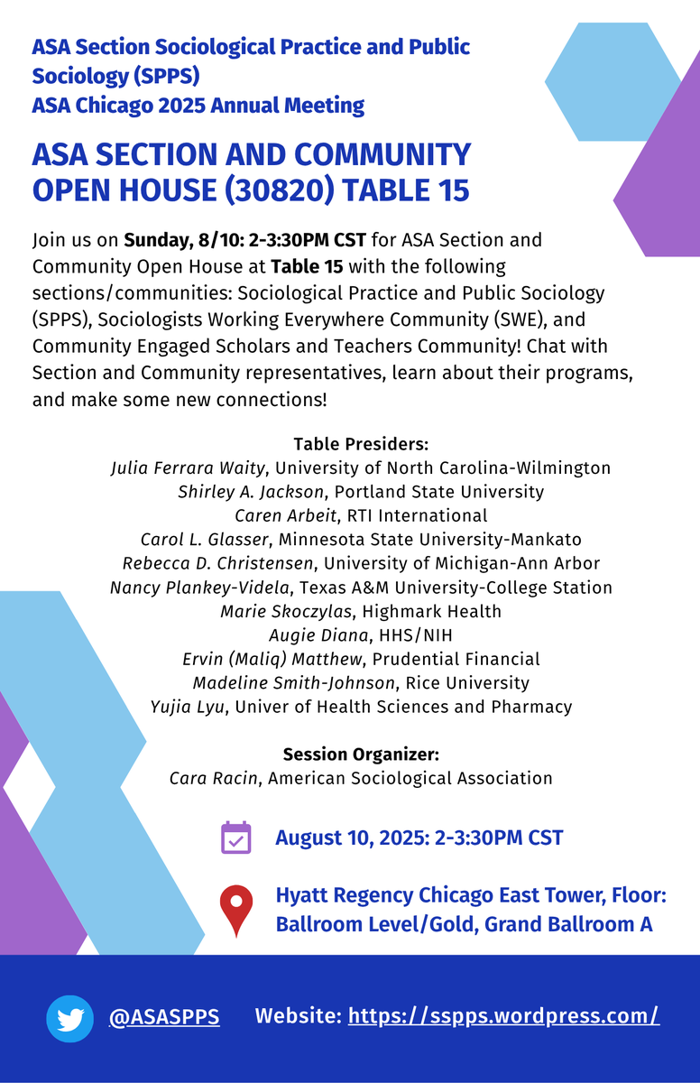 Good Morning! Stop by Table 15 to see #ASASPPS and Sociologists Working Everywhere (SWE) at the ASA Section &amp; Community Open House (30820) today, Sun, 8/10: 2-3:30PM at Grand Ballroom A in East Tower, Floor Ballroom Level/Gold!

#ASA2025 #appliedsociology #publicsociology