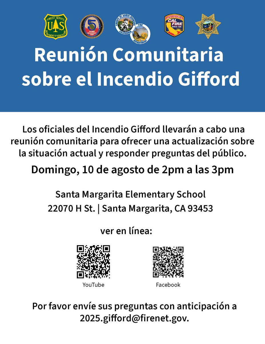 #GiffordFire Announcement
A community meeting will be held  in Santa Margarita today, Aug. 10 at 2 p.m.  Location 22070 H St., Santa Margarita, CA 93453

It will also be broadcast virtually on the Los Padres National Forest Facebook page and YouTube at youtube.com/@.LosPadresNF-….
