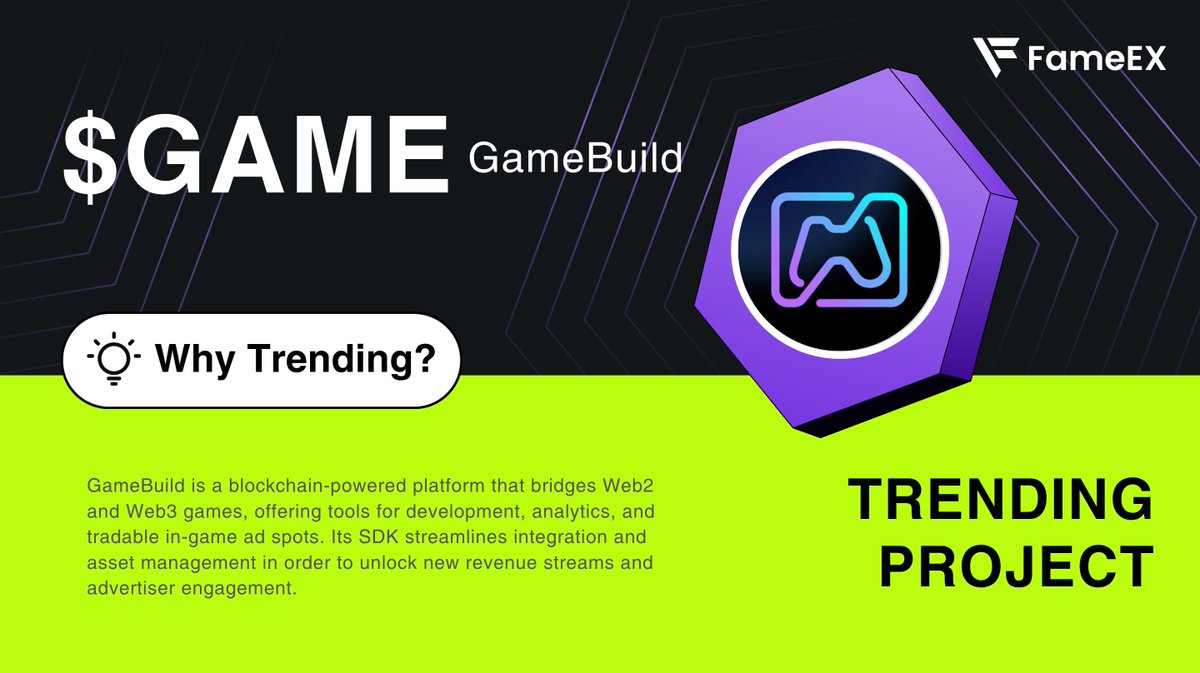 FameEXGlobal's tweet image. 🚨 Trending Alert👉 $GAME @GameBuild_

#GameBuild is a blockchain platform connecting Web2 and #Web3 games with tools, tradable ad spots, and streamlined asset management. Recently, $GAME launched on a major exchange’s Alpha program, marking its official entry into the spotlight.…