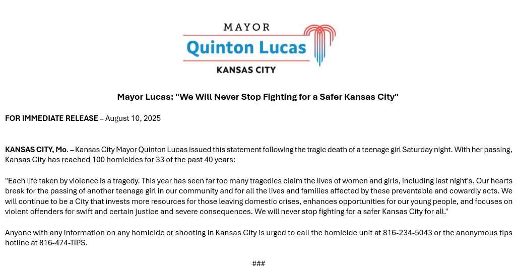 A grim milestone in Kansas City. 

There have now been 100 homicides in 2025. That includes a teenage girl who was shot and killed last night near 36th and Norton. She was inside a home there when gunfire came from outside and hit her.

<a href="/QuintonLucasKC/">Mayor Q</a> just issued this statement:
