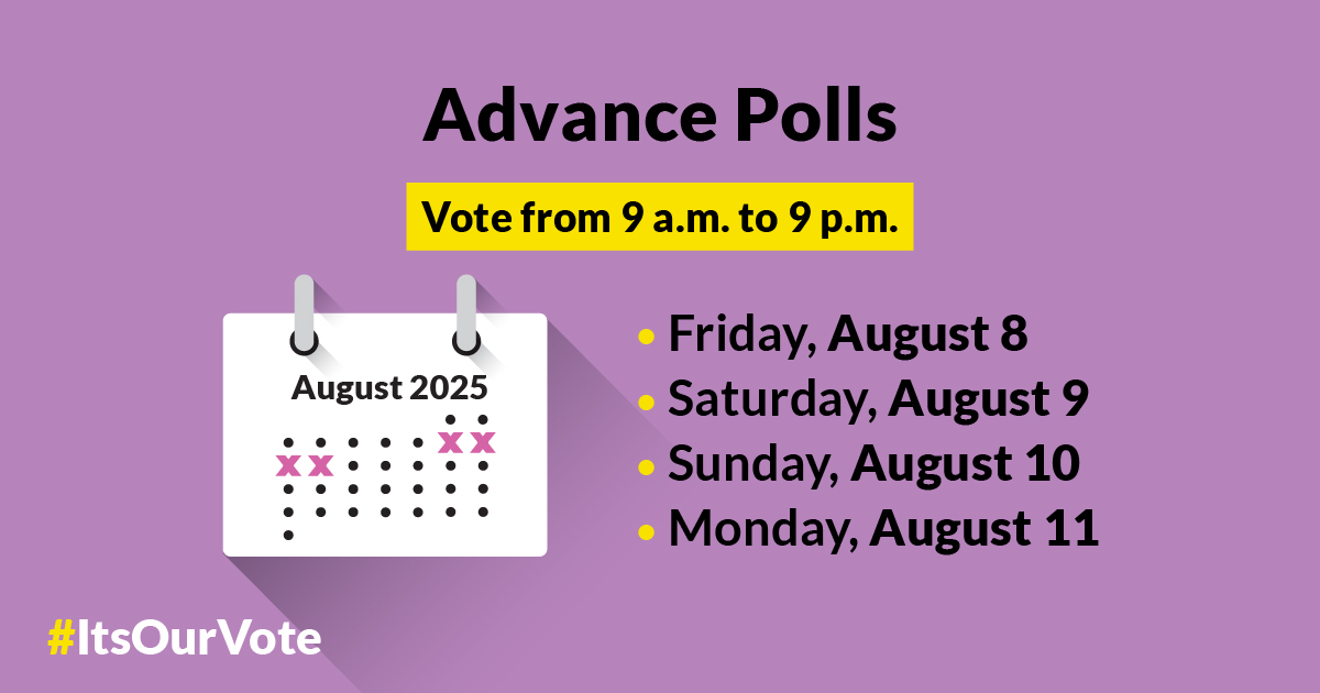 ElectionsCan_E's tweet photo. By-election in #BattleRiverCrowfoot (Alberta): #AdvanceVoting continues until Monday, August 11, 2025, from 9 a.m. to 9 p.m. (local time). In the last federal election, 31% of voters cast their ballots in advance. Find your assigned polling station:
https://t.co/WMEfKkEx0N https://t.co/f5Xt7Utq1X