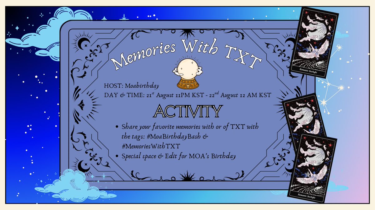 moabirthday's tweet image. ⭐️ Memories With TXT ⭐️
hosted by: me

to keep the tradition alive, every year at 22nd August we will post about our cherished memories with TXT using the tags #MemoriesWithTXT and we will do a birthday space 

this year… a special edit will also drop 😉