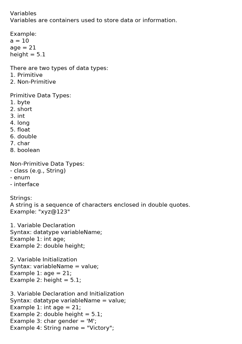 404ashu_exe's tweet image. Today I wrapped up Java variables from what a variable is to primitive vs non-primitive types, and how to declare & initialize them.
Step by step, building a stronger foundation. One day at a time. One post at a time.
#Java #JavaBasics #100DaysOfCode #BuildInPublic