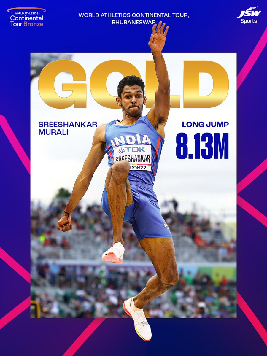JSW Sports (@jswsports) on Twitter photo Making history with every leap! 🏆
JSW Sports athlete <a href="/SreeshankarM/">Sreeshankar Murali</a> soars to glory at the first-ever World Athletics Continental Tour in India, with his remarkable comeback showing no signs of slowing down. 🚀
#JSWSports #LongJump #SreeshankarMurali #BetterEveryDay Making history with every leap! 🏆
JSW Sports athlete <a href="/SreeshankarM/">Sreeshankar Murali</a> soars to glory at the first-ever World Athletics Continental Tour in India, with his remarkable comeback showing no signs of slowing down. 🚀
#JSWSports #LongJump #SreeshankarMurali #BetterEveryDay