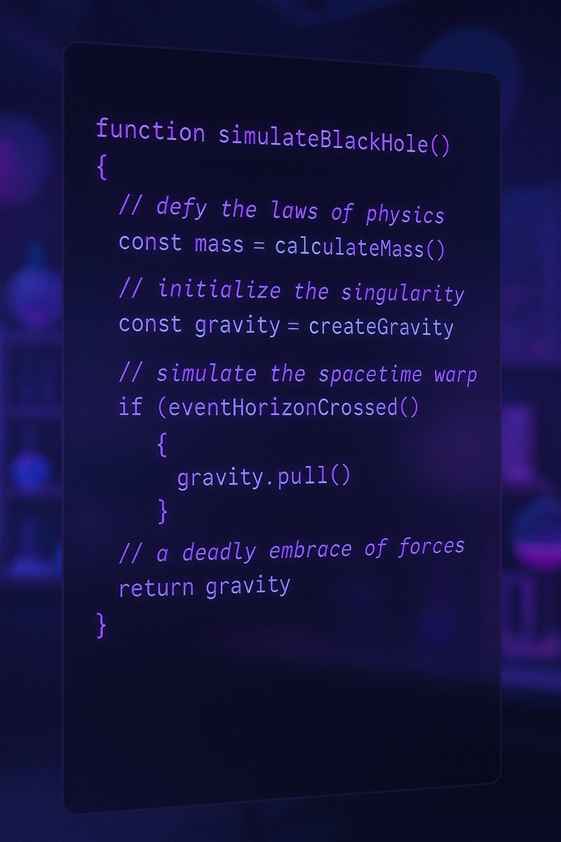 Imnoob59's tweet image. From Code to Universe 🌌
🛑 Stop scrolling!
Ever seen code that can create art… and simulate a black hole? 👀
🎨 From painting with code…
🌌 to bending space-time.
Sometimes coding is art, sometimes… science.
#CodingVibes #CodeAesthetic #CreativeCoding #BlackHoleCode #fypシ