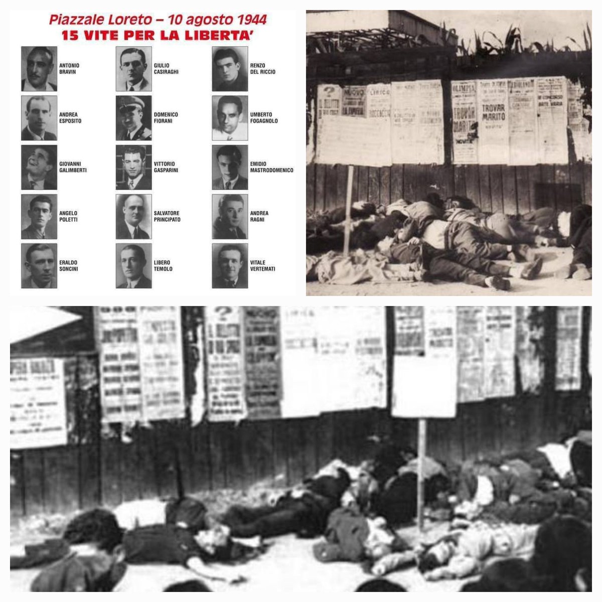 Teresa02247224's tweet image. Strage di piazzale Loreto,Milano,ore6:10,    
10 agosto 1944
Fucilazione di 15 #antifascisti e #partigiani che furono lasciati tutto il giorno esposti scomposti sotto il caldo piantonati da militi fascisti.Tante sono le testimonianze scioccate di quel crimine