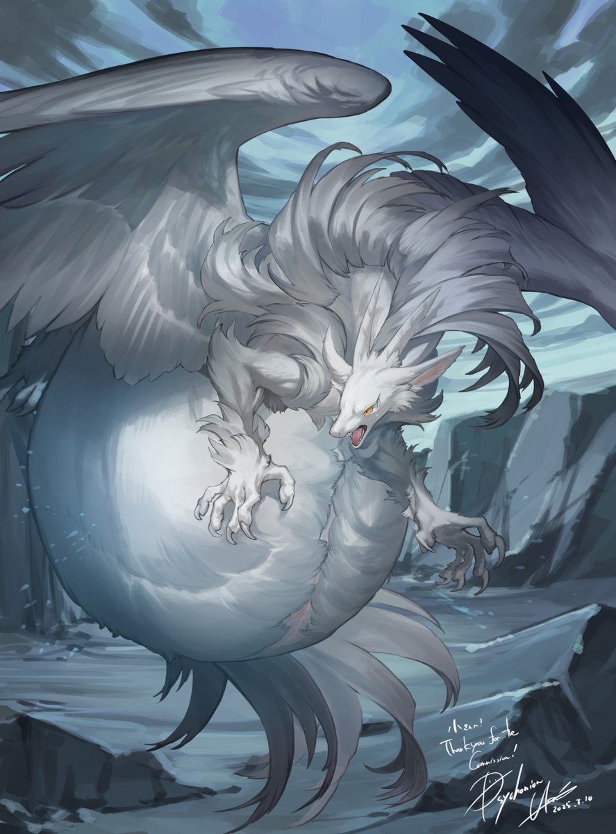 うちのエリクシルを、ばくいぬ様に大変美しくて格好良い姿に手掛けて頂きました！
こちらでは膨腹差分をご紹介！

ブレスを放つ直前の迫力あふれる姿を見せつけていた白竜が、逆にお腹をぼぼんっ！　と膨らまされてしまって、焦っている表情とでっかいお腹のギャップが堪らなく魅力的……！