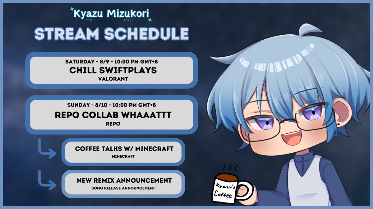 [UPDATED STREAM SCHEDULE]

Hemlooo! I've been busy studying this week - but we'll be streaming in the weekend to chill and take a break.  

Here's my stream schedule for this week~ let's go goofy goobing together again! 😁

#KyazuLIVE #VtuberEN