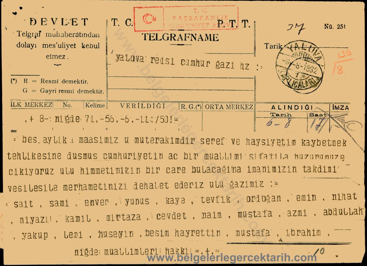 Kadir Çandarlıoğlu (@candarlioglu) on Twitter photo Yıl 1932
Atatürk dönemi
5 aylık maaşlarını alamayan Niğdeli öğretmenler, Yalova kaplıcalarında dinlenen M.Kemal'e şu telgrafı çekerler:
"5 aylık maaşımız müterakimdir. Şeref ve haysiyetini kaybetmek tehlikesine düşmüş Cumhuriyetin aç bir muallimi sıfatıyla huzurunuza çıkıyoruz." Yıl 1932
Atatürk dönemi
5 aylık maaşlarını alamayan Niğdeli öğretmenler, Yalova kaplıcalarında dinlenen M.Kemal'e şu telgrafı çekerler:
"5 aylık maaşımız müterakimdir. Şeref ve haysiyetini kaybetmek tehlikesine düşmüş Cumhuriyetin aç bir muallimi sıfatıyla huzurunuza çıkıyoruz."