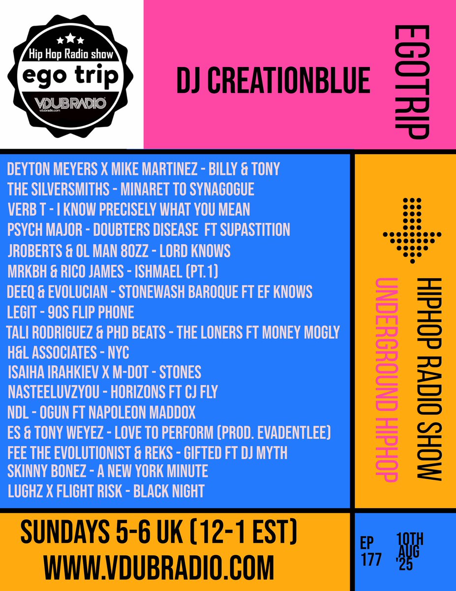 Last of the live egotrip shows before my summer break. Join me at 5pm (midday est) for some hiphop tunes &amp; chat on <a href="/VDubRadio/">VDubRadio</a> on your smart speaker, or VDR app ✅📻