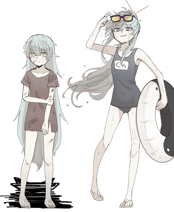 キチガイが高じてオリキャの過去立ち絵と水着立ち絵並べてよかったねえ😭って言うてる これが父性?もっと強い薬をください 