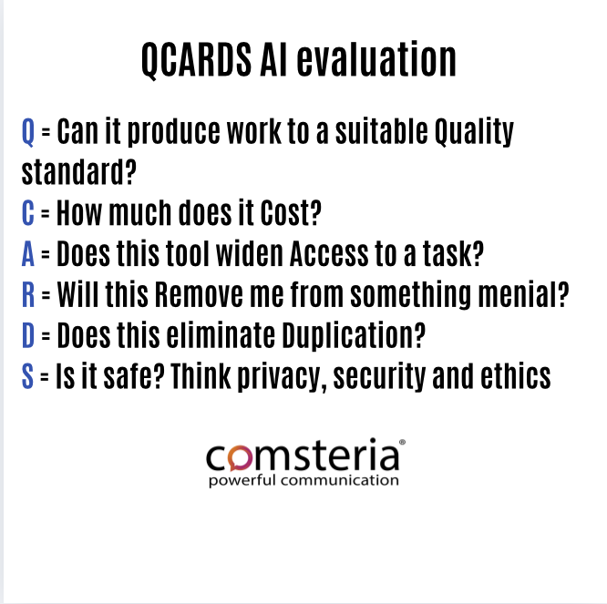 comsteria's tweet photo. Making sense of AI for comms teams is easier if you follow our QCARDS system. https://t.co/40iJeMbQmn