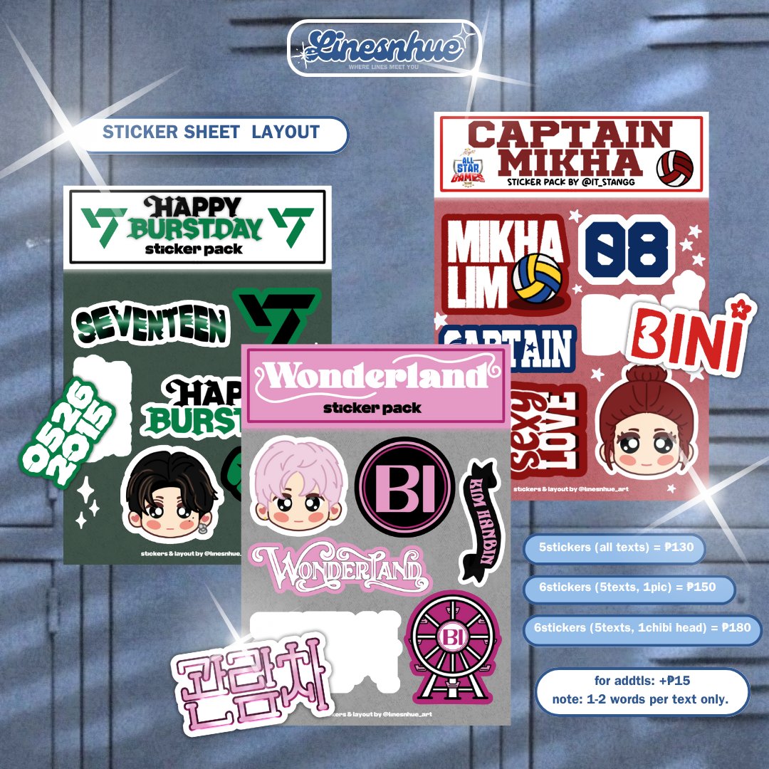 lf art / edit  commission, open ! 
📔 sticker sheet era unlocked 🤩✨

commission yours now, lines! perfect for concert and event freebies 🌟 we have 3 layout packs available for you to customize for only ₱130-180!!

(add-ons not included) 💌

dm for inquiries and applications!