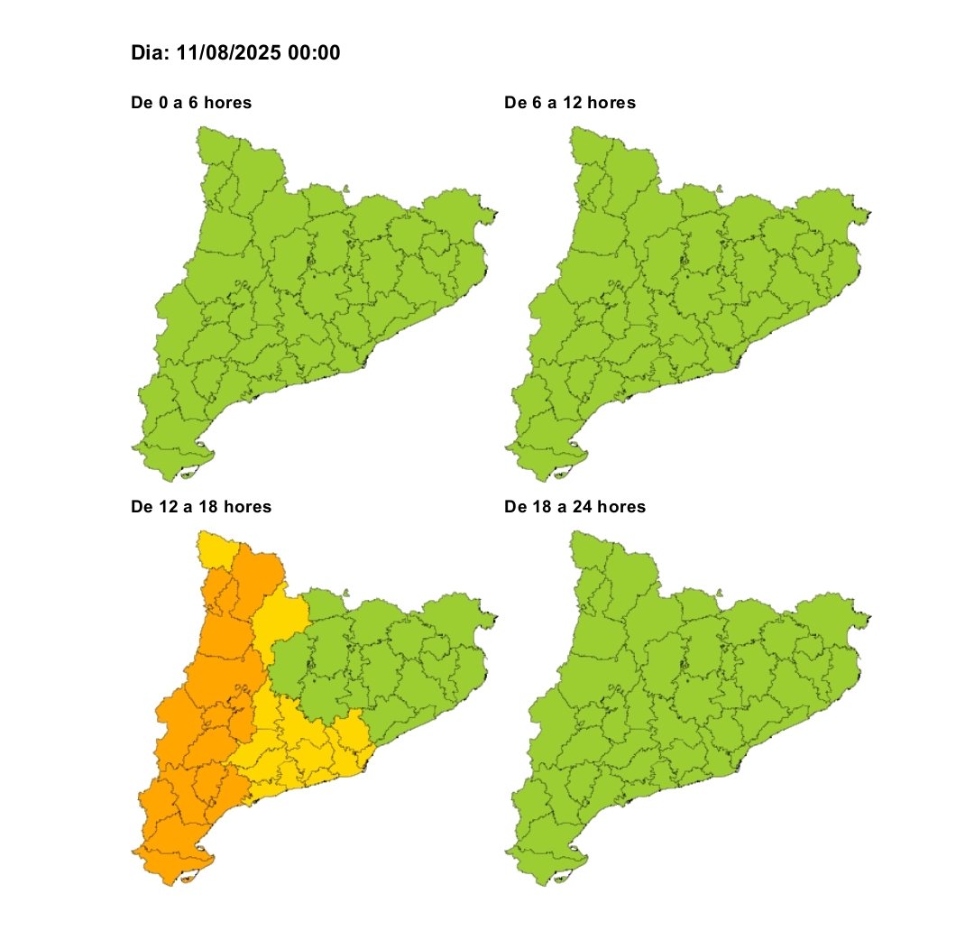 ⚠️☀️ ATENCIÓ! CALOR MOLT INTENSA DURANT EL DIA I CALOR NOCTURNA MOLT INTENSA.

👉🏻 Per aquest dilluns 11 d’agost hi haurà temperatures molt altes.
🔥 De 14h a 20h, risc moderat per calor intensa.
🌙 Nits molt caluroses, sense refrescar, diumenge i dilluns matinada.
