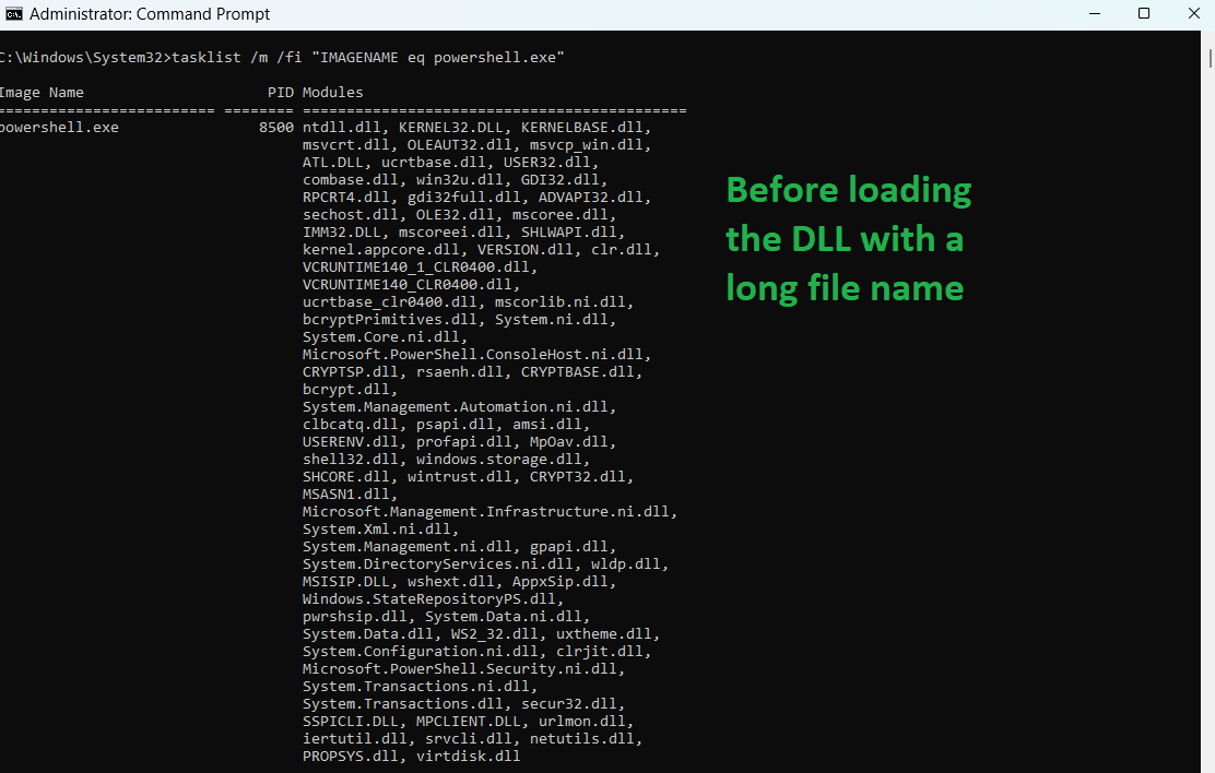 TwoSevenOneT's tweet image. Windows tools have issues handling file names. &quot;tasklist.exe&quot; cannot list the loaded modules when a DLL with a long file name is loaded into the process&apos;s memory. This could trigger some MalDevs #redteam #blueteam #malware
