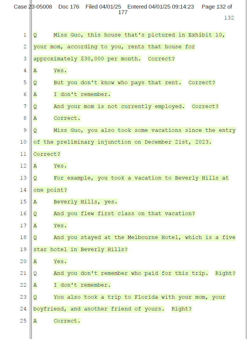 #郭文贵破产案 郭美民事藐视法庭罪成立
郭美法庭证词节选:
⁉️郭美和岳庆芝母女俩每月房租是多少钱？
问：截至初步禁令生效之日，2023年12月，你住在苏荷区布鲁姆街492号的一套公寓里，对吗？
答：正确。
问：根据一些银行对账单，你租用那套公寓期间，你每月支付了17,500美元的租金，对吗？
答：正确。