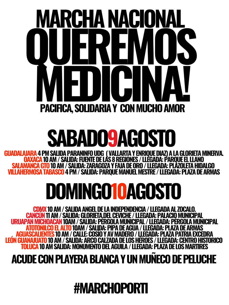 Hoy domingo 8 ciudades , un mismo mensaje : #QueremosMedicina 
Marchemos pacíficamente y con mucho amor por nuestra gente!! 
<a href="/brozoxmiswebs/">brozo xmiswebs</a> <a href="/azucenau/">Azucena Uresti</a> <a href="/CarlosLoret/">Carlos Loret de Mola</a> <a href="/lopezdoriga/">Joaquín López-Dóriga</a> <a href="/aristeguicnn/">Carmen Aristegui</a> <a href="/EnfoqueNoticias/">Enfoque Noticias</a> <a href="/Erika_Velasco_/">Erika Velasco</a> <a href="/AztecaNoticias/">Fuerza Informativa Azteca</a> <a href="/AhoraNoticias33/">Ahora Noticias Mx</a> <a href="/aesquinca/">Antonio Esquinca</a>