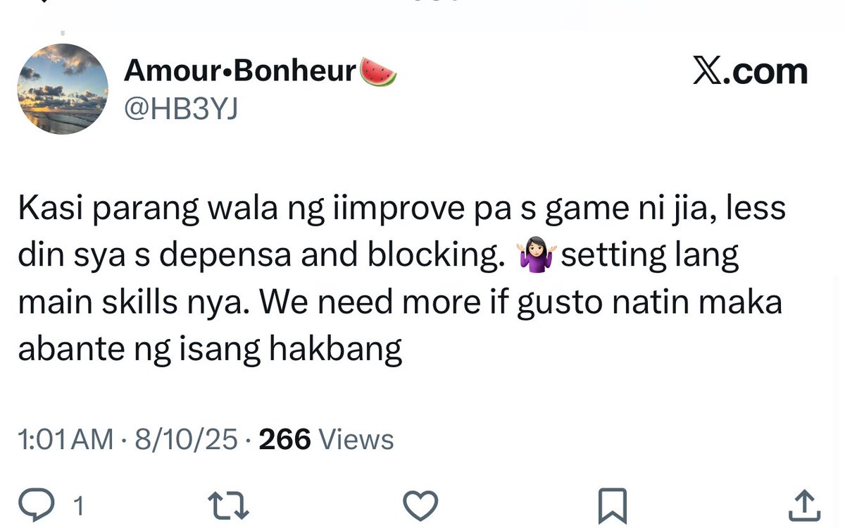 VazzJKL's tweet photo. Haaays napapodium nnaman ng setter na setting lang ang ambag at wala nangi iimprove. Dapat kasi nag middle blocker nalang pala si Jia. Para may ambag na din kahit block touches ot maybe libero para may ambag sa floor defense. 

#Alaspilipinas #SEAVLeague2025 https://t.co/FJ7be9Lv0r