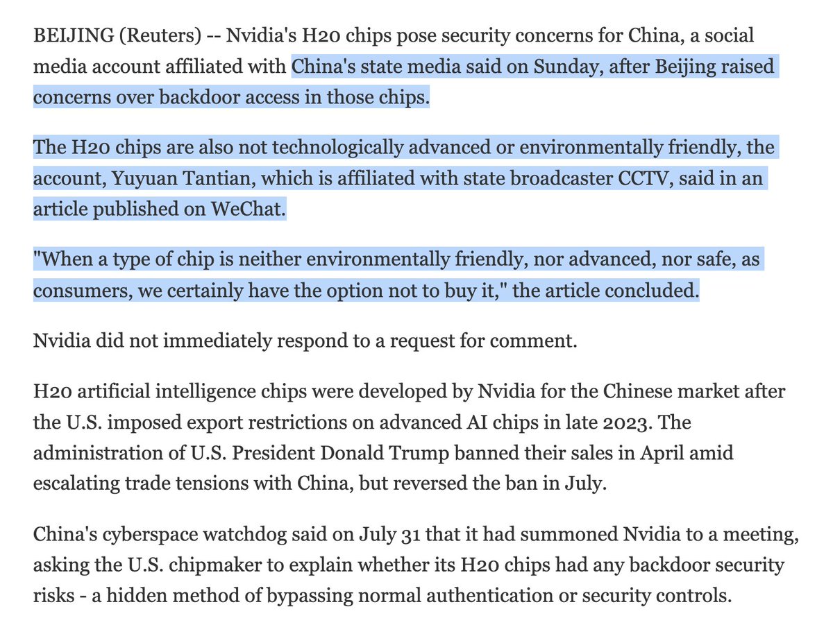 Chinese state media Yuyuan Tantian says $NVDA H20 is a type of chip that  