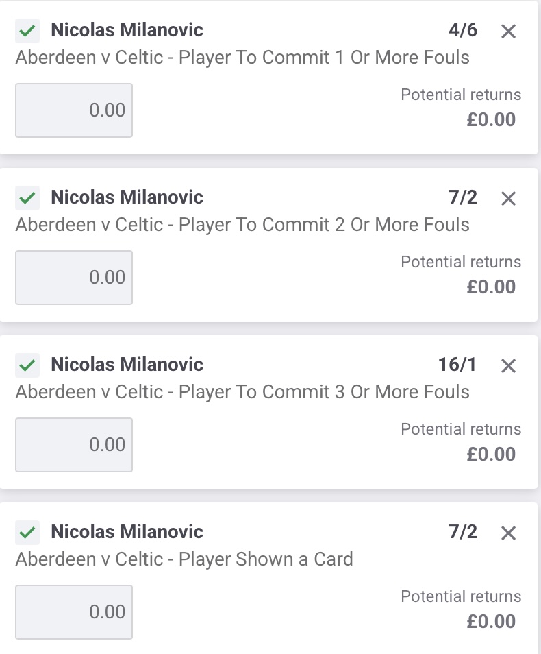 Celtic v Aberdeen 🏴󠁧󠁢󠁳󠁣󠁴󠁿 

Foul ladder &amp; yellow card 🟨

No super sub so could be risky!

First game of season last week 3 fouls &amp; most of Celtic’s attacks today will come down the left.