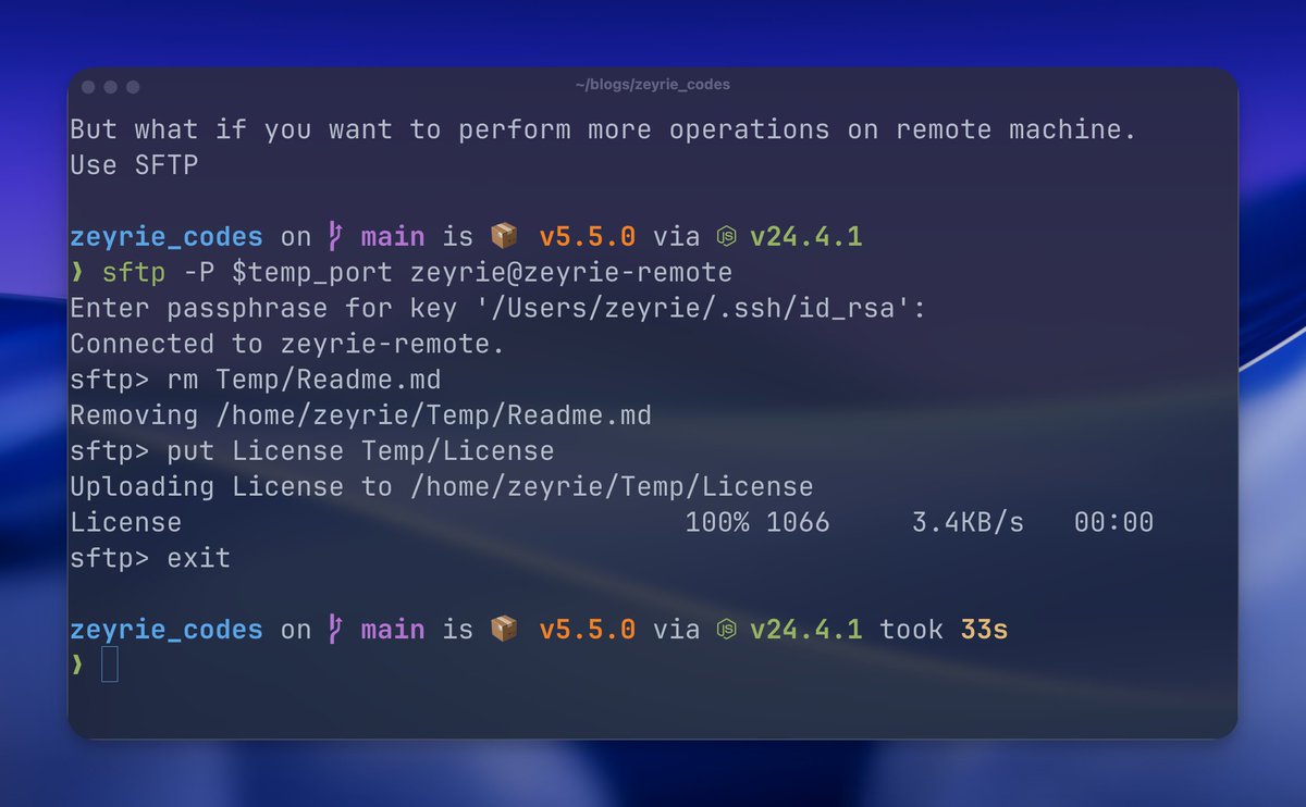 zeyrie_dev's tweet image. Two options when you want to transfer files
- Use SFTP &amp;amp; SCP(both are same)
- Use rsync
Though the restriction with these are, you have to manually manage all file transfers and deletions OR just use rsync
#linux #ssh #rsync