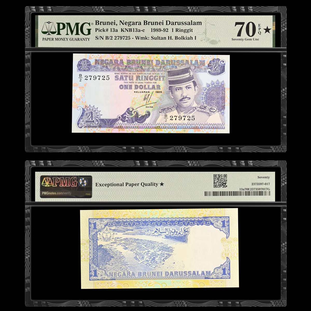 PMGnotes's tweet photo. Note of the Day: This Brunei 1989-92 1 Ringgit note is perfect for #SuperSunday, when we put a spotlight on notes that earned a PMG 70★ Gem Uncirculated EPQ. PMG has graded more than 200 examples of this note, but only two earned our highest grade. #highestgrade #brunei #ringgit https://t.co/39LOuW8hnA