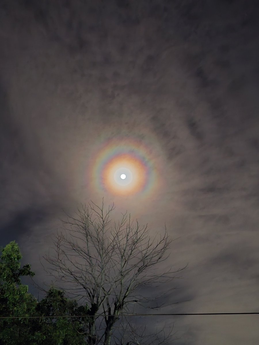 sandrokmuller's tweet photo. Halo lunar registrado em canoas.

"O que é isso pai ?"

É um fenômeno óptico que acontece quando a luz da lua é refratada por cristais de gelo presentes em nuvens altas na atmosfera, como as nuvens cirrostratus.

📍 Canoas RS 
       09/08/25
🕛21:30 https://t.co/6SMKCciGsX