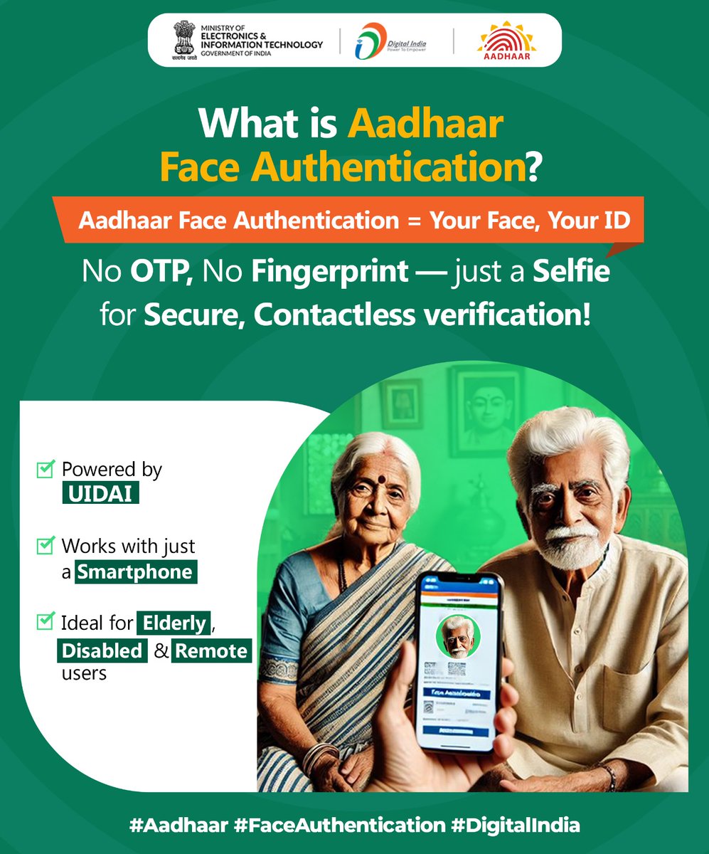 GoI_MeitY's tweet image. 📸 Your Face is Your Aadhaar!
 Fast, secure &amp;amp; touch-free — Aadhaar Face Authentication is transforming how India verifies identity.
 From banks to benefits, it’s just a selfie away!

#FaceAuthentication #UIDAI #DigitalIndia