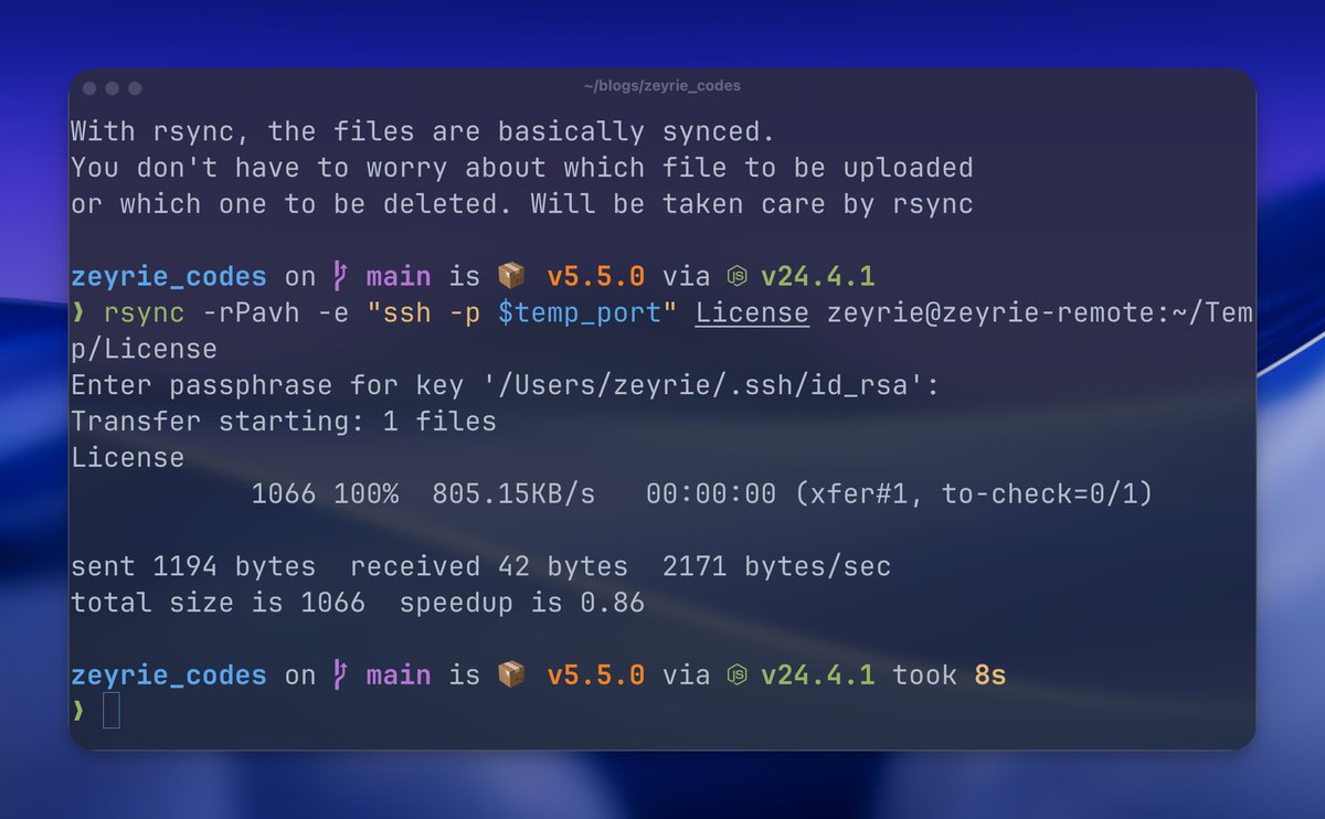 zeyrie_dev's tweet image. Single file or a directory; rsync will just handle them.

#linux #ssh #rsync