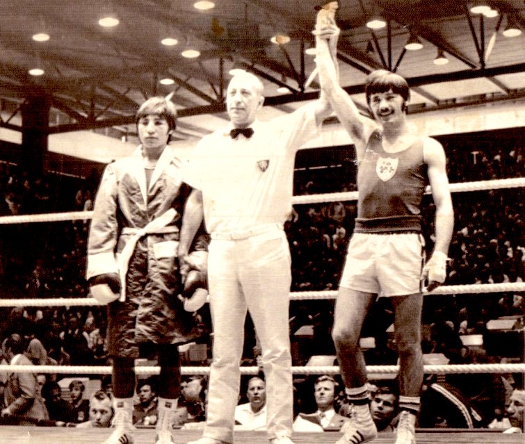 Charlie Nash has his hand raised after beating Mexico’s Antonio Gin at the 1972 Munich Olympic Games. The South American would require hospital treatment after being floored by the Derry featherweight in the first round.
