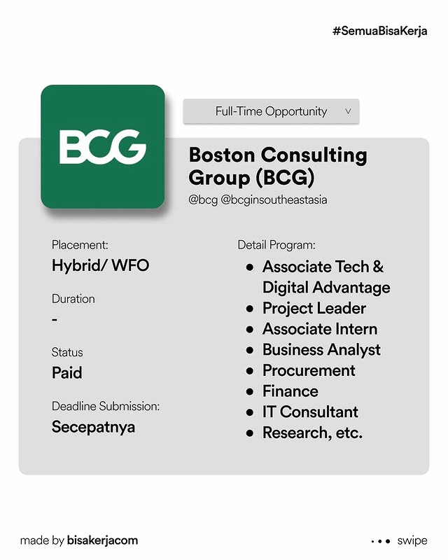 bisakerja_id's tweet photo. BCG Indonesia's Opportunity!

For the detail, kindly check on https://t.co/KnWaLQAkZH

#BCG #Consulting #Konsultan #InfoLoker #Job https://t.co/mvTQtCeZNe