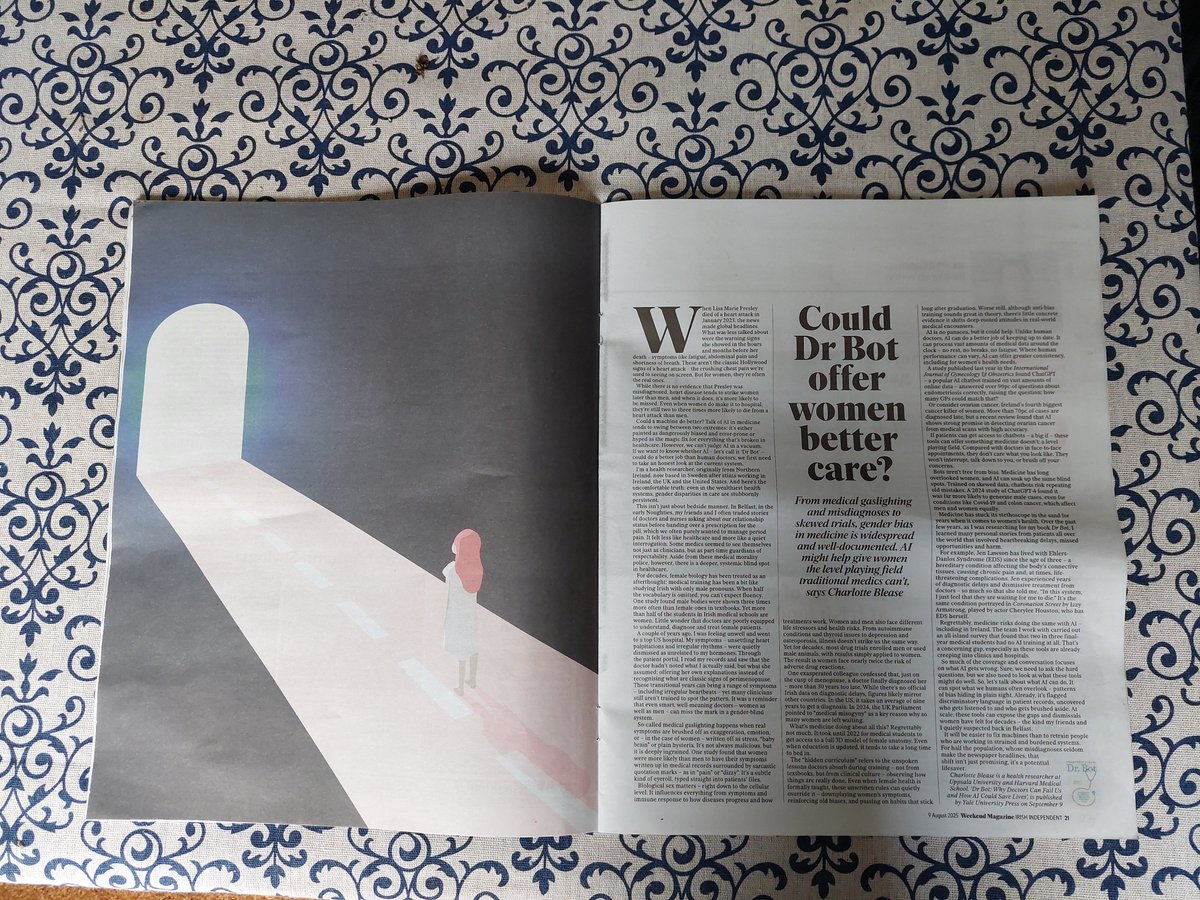 Charlotte Blease, PhD (@crblease) on Twitter photo Proud of this double page spread in the <a href="/Independent_ie/">Irish Independent</a> Saturday magazine on women's health & AI. #DrBOT #AI #WomenEmpowerment #Healthcare Proud of this double page spread in the <a href="/Independent_ie/">Irish Independent</a> Saturday magazine on women's health & AI. #DrBOT #AI #WomenEmpowerment #Healthcare