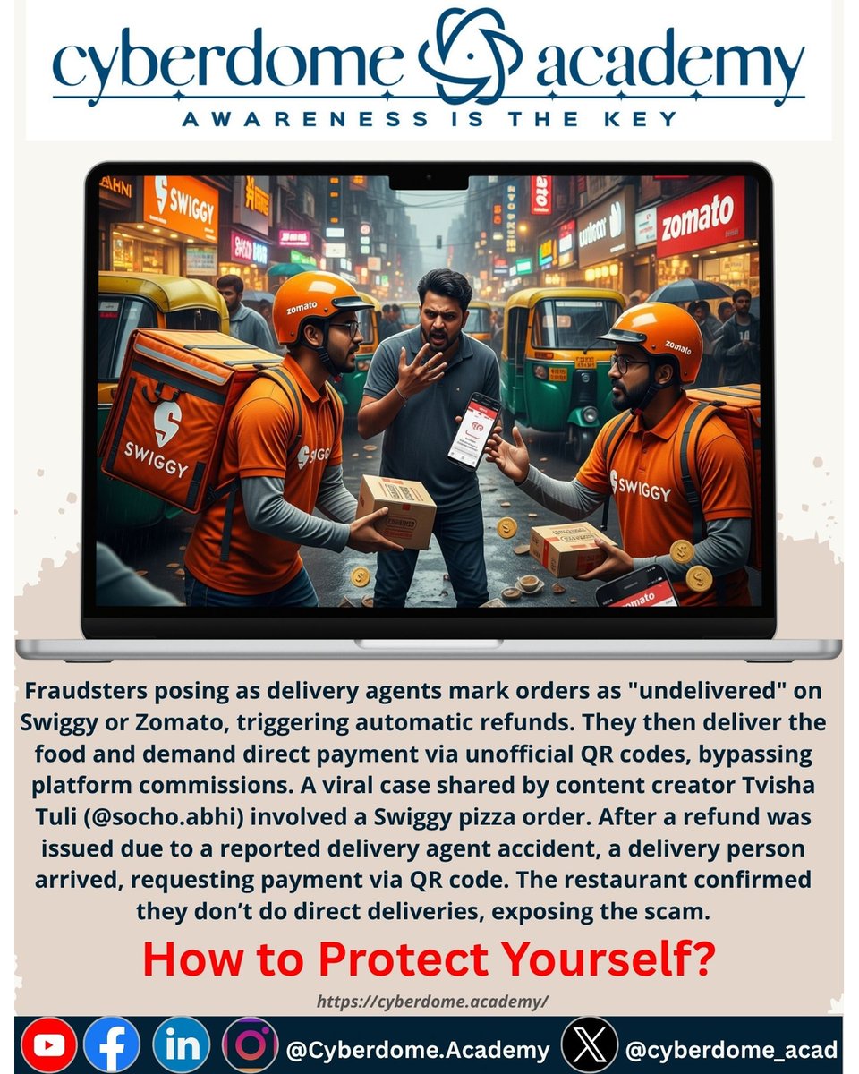 cyberdome_acad's tweet image. ATTENTION Swiggy &amp;amp; Zomato users! Scammers are tricking customers with fake refunds! They mark your order “undelivered,” deliver the food, and ask for direct QR code payments. This costs restaurants and risks your safety. #SwiggyScam #ZomatoScam #StaySafe #CyberSafety #Swiggy