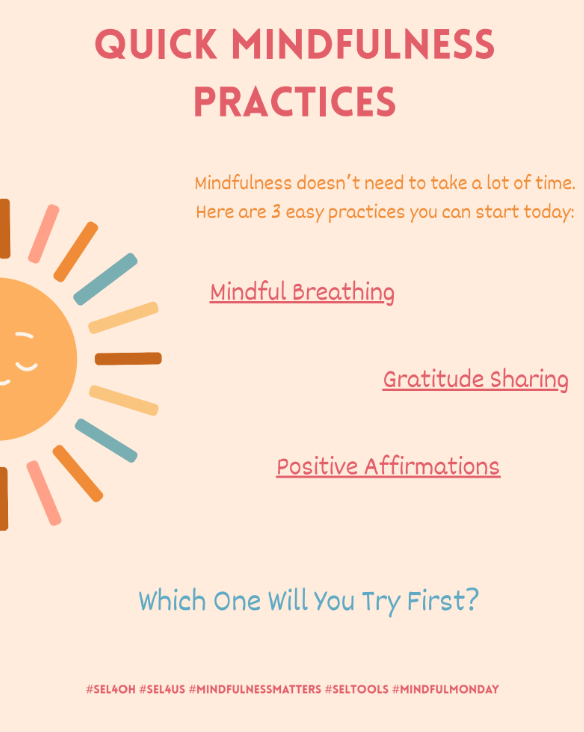 Sel4Oh's tweet image. Mindfulness doesn’t have to be complicated or time-consuming! Here are 3 quick practices you can try with your students today:
 💨 Mindful Breathing
 💬 Gratitude Sharing
 🪞 Positive Affirmations

Which one will you start with? 

#SEL4OH #MindfulMonday #SELTools #SEL4US
