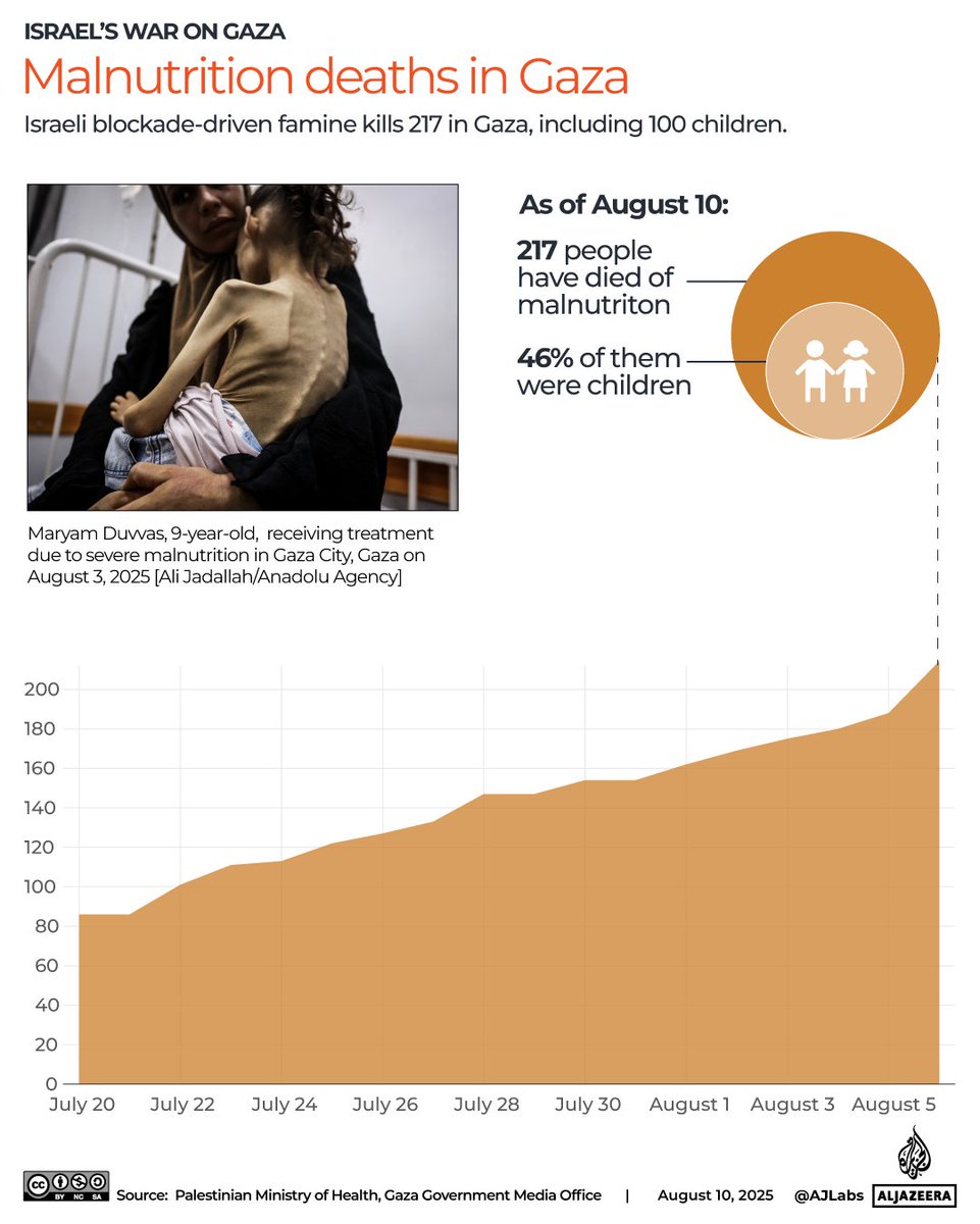 AJEnglish's tweet photo. At least 5 more Palestinians, including two children, have starved to death in the past 24 hours, raising the total hunger-related deaths to 217, according to Gaza’s Health Ministry.

🔴 LIVE updates: https://t.co/pA4LOe8Llx https://t.co/wjERNluDBT