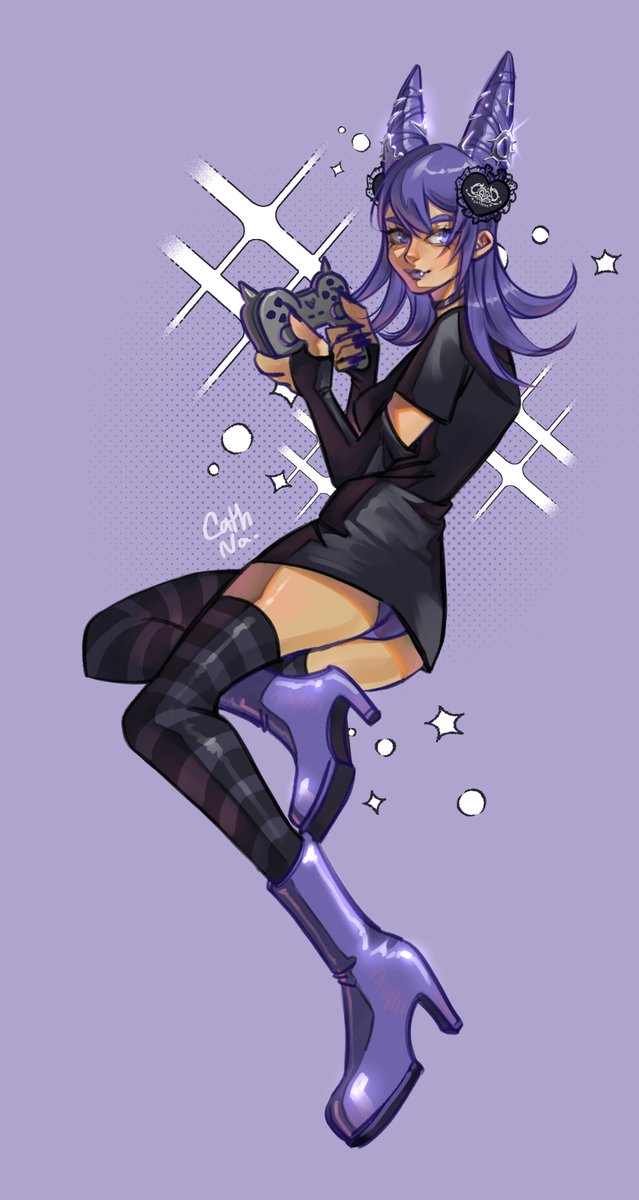 My line art attempt. Drawing my Vtube oc.☝️ 
I'm not skilled at creating line art, which is why I want to practice and study it. 
I figured out how to works with it now so this piece turn out quite alright, I'm so happy 💜💜

#cathna #cathna933 #vtuber #ocart