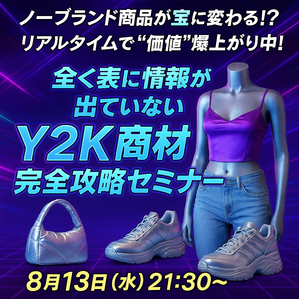 ゲリラ開催🚨

全く表に情報が出ていない
【Y2K商材完全攻略セミナー🎊】

今、"価値"爆上がり中のY2K商材！
ノーブランド商品でも宝に変わる！？

見るべきY2K商材をセミナーで大公開😆

〈🔻参加方法🔻〉
①このポストをいいね＆RT
②コメント欄に『Y2K』とコメント
③専用オプチャへ招待